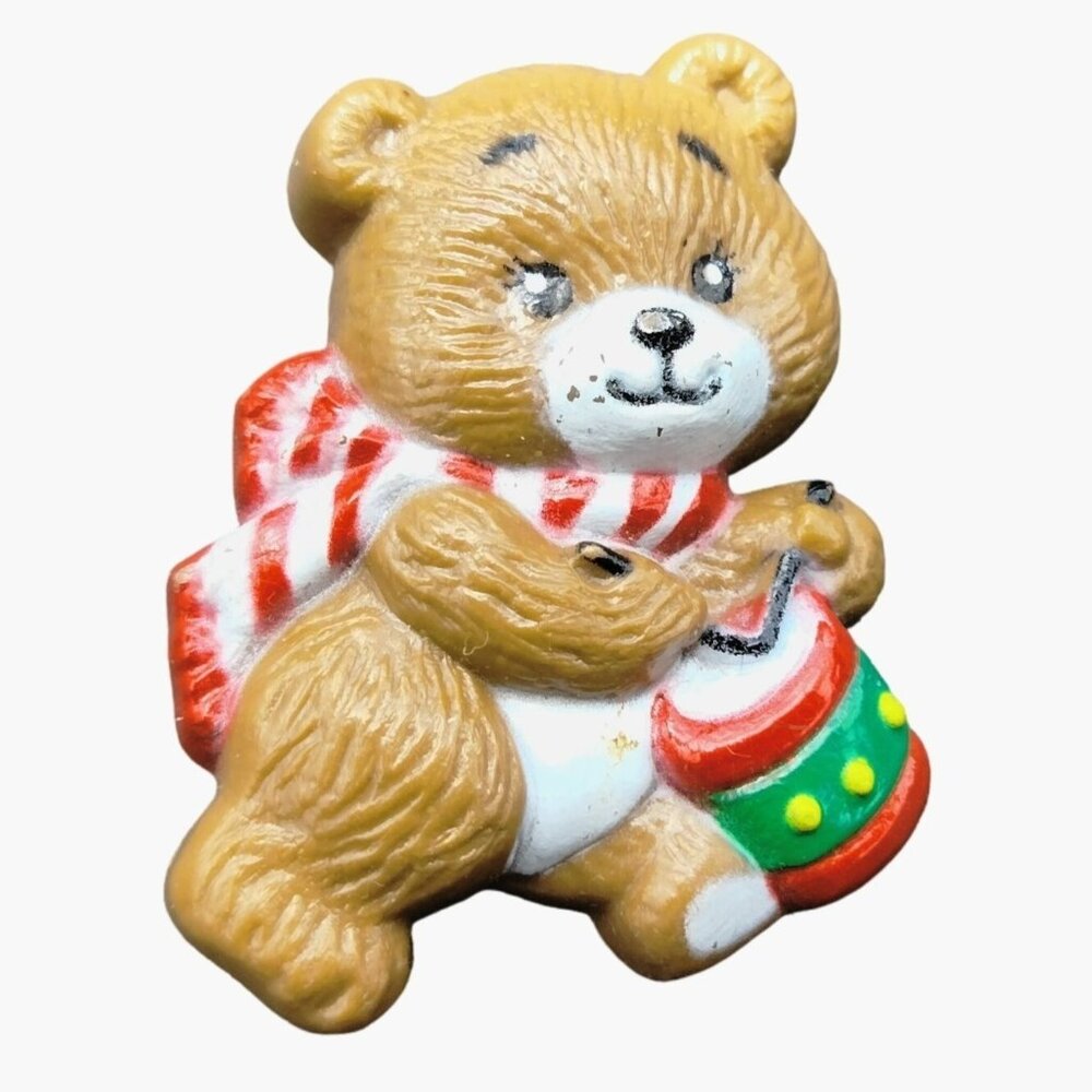 Russ Teddy Bear Pin Vintage Brooch Playing Drum Plastic Signed Christmas